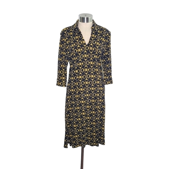 J. McLaughlin Black & Gold Horse Bit Pattern Jersey Knit 3/4 Sleeve Dress Size S - Picture 1 of 9